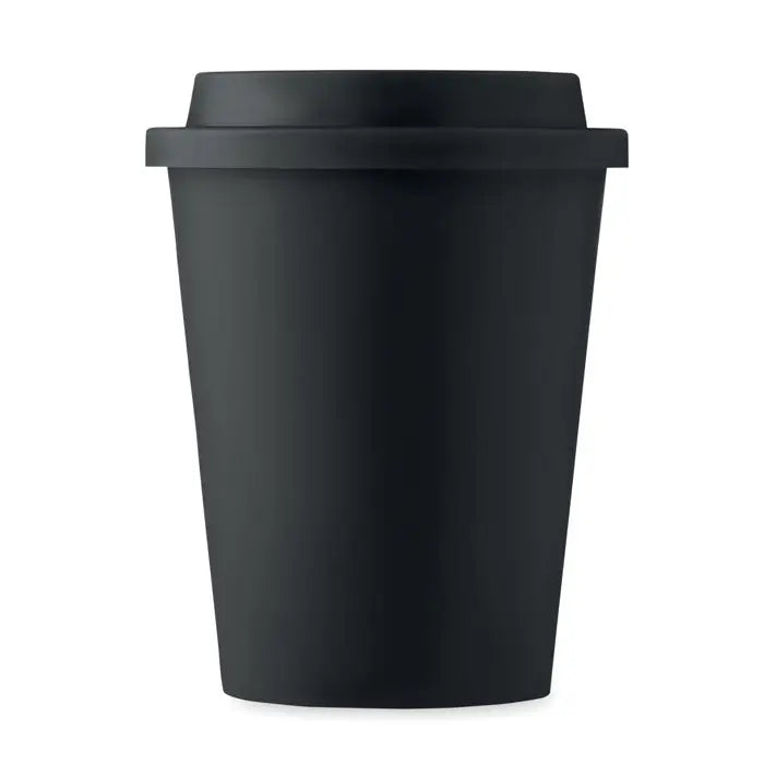 Pahar cu perete dublu pp 300 ml travel mug negru mat cu capac potrivit pentru bauturi calde si reci