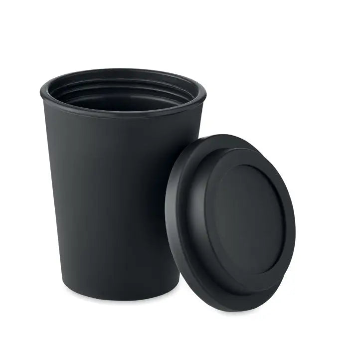 Pahar cu perete dublu pp 300 ml negru mat din plastic cu capac potrivit pentru calatorii