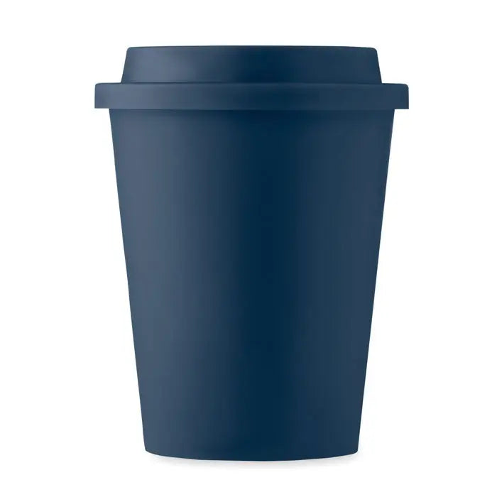 Pahar cu perete dublu pp 300 ml din silicon albastru navy cu capac potrivit pentru calatorii