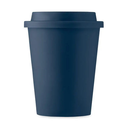 Pahar cu perete dublu pp 300 ml din silicon albastru navy cu capac potrivit pentru calatorii