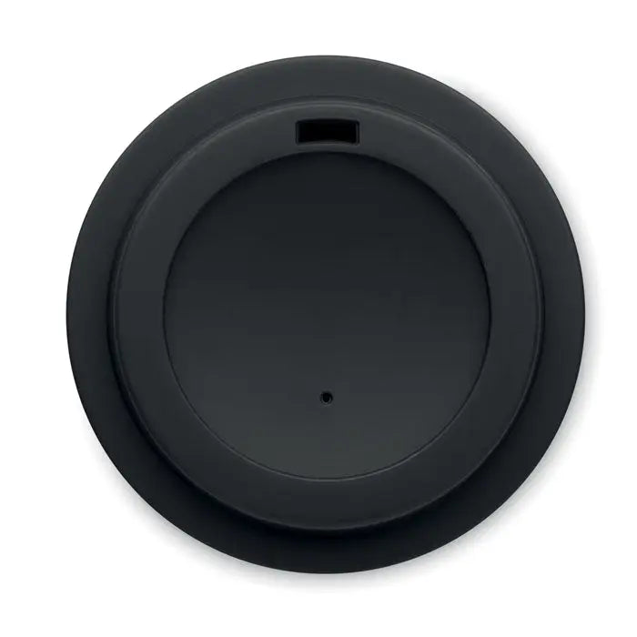 Capac negru din plastic cu deschidere dreptunghiulara mica si gaura centrala pentru pahar cu perete dublu pp 300 ml