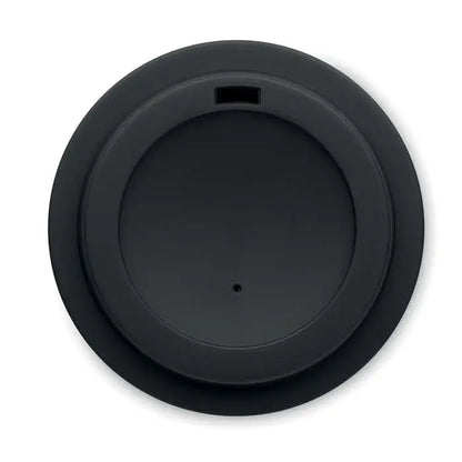 Capac negru din plastic cu deschidere dreptunghiulara mica si gaura centrala pentru pahar cu perete dublu pp 300 ml