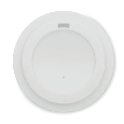 Lid alb din plastic pentru pahar cu perete dublu pp 300 ml cu deschidere dreptunghiulara mica si gaura centrala