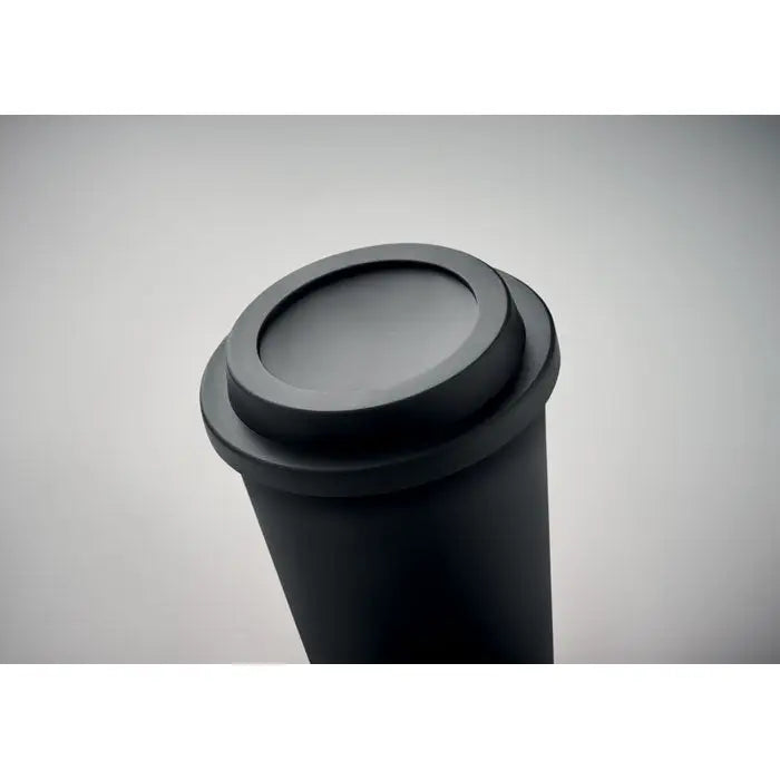 Pahar cu perete dublu pp 300 ml negru cilindric cu capac si finisaj mat neted din plastic