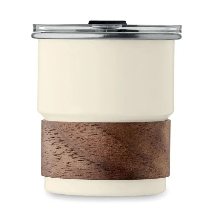 Pahar cu un singur perete 260 ml crem cu capac argintiu si bandaj de lemn pentru izolarea calda si rece