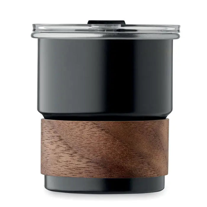 Pahar cu un singur perete 260 ml din ceramică neagră cu capac de sticlă transparentă și bandă decorativă din lemn închis la culoare