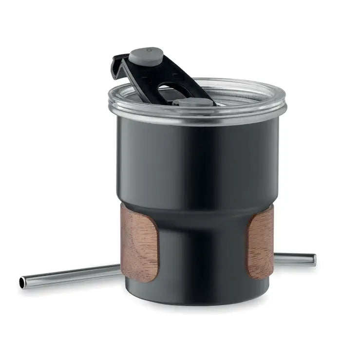 Pahar cu un singur perete 260 ml cu corp cilindric negru, capac argintiu si benzi accent lemn pentru calatorii