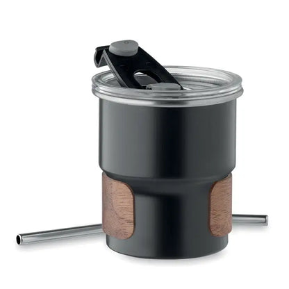 Pahar cu un singur perete 260 ml cu corp cilindric negru, capac argintiu si benzi accent lemn pentru calatorii