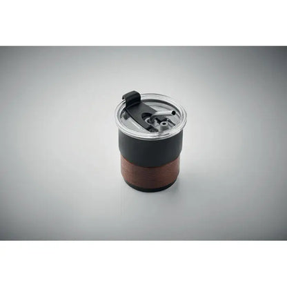 Pahar cu un singur perete 260 ml cu finisaj metalic, termoizolant negru si maro, capac transparent si pai negru