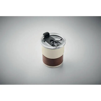 Pahar cu un singur perete 260 ml doua nuante crem si maro izolat cu capac transparent pai negru si margine metalica