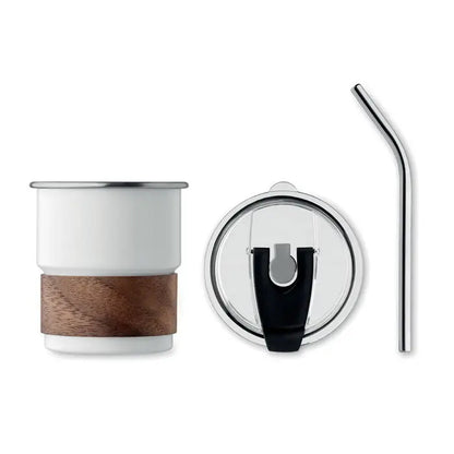 Pahar cu un singur perete 260 ml alb ceramic cu bandă de lemn și capac inoxidabil cu pai pentru călătorii