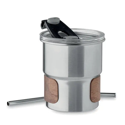 Pahar cu un singur perete de 260 ml cu dripper din inox si textură lemn si capac negru din plastic