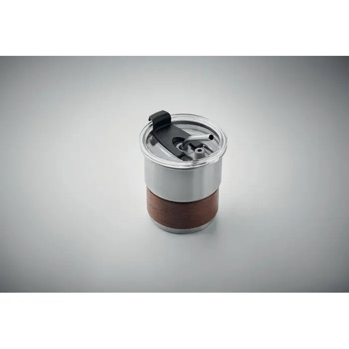 Pahar cu un singur perete 260 ml din inox cu bandă maro texturată și capac negru cu pai integrat pentru călătorii
