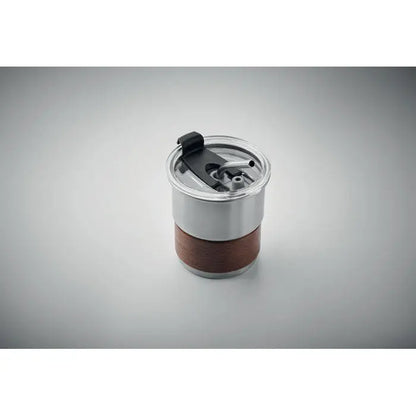 Pahar cu un singur perete 260 ml din inox cu bandă maro texturată și capac negru cu pai integrat pentru călătorii