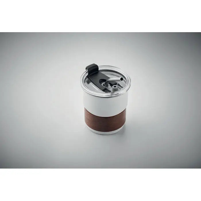 Pahar cu un singur perete 260 ml alb și maro, izolat, cu capac transparent, pahar din oțel inoxidabil și orificiu negru pentru băut