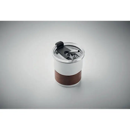 Pahar cu un singur perete 260 ml alb și maro, izolat, cu capac transparent, pahar din oțel inoxidabil și orificiu negru pentru băut