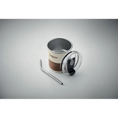 Pahar cu un singur perete 260 ml crem izolat cu bandă imitând lemnul și pai din oțel inoxidabil