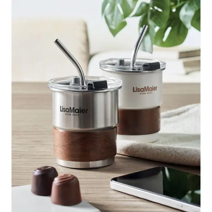 Pahar cu un singur perete 260 ml din inox cu finisaj lemn si capac transparent cu pai negru lisamaier home deco