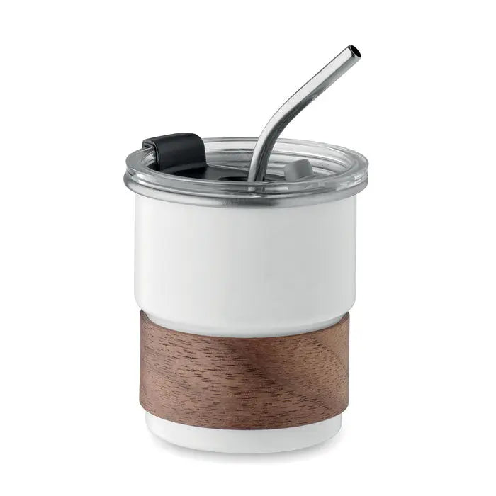 Pahar cu un singur perete 260 ml alb cu bandă de prindere din lemn și pai din oțel inoxidabil