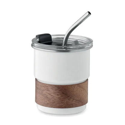 Pahar cu un singur perete 260 ml alb cu bandă de prindere din lemn și pai din oțel inoxidabil