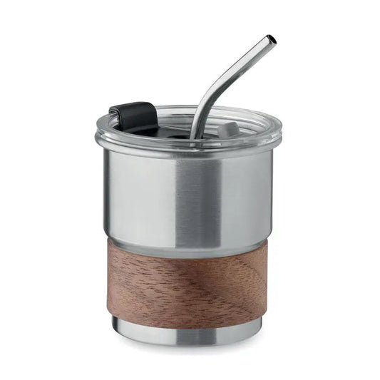 Pahar cu un singur perete 260 ml din inox cu textura lemn, capac transparent si pai negru pentru bauturi calde si reci