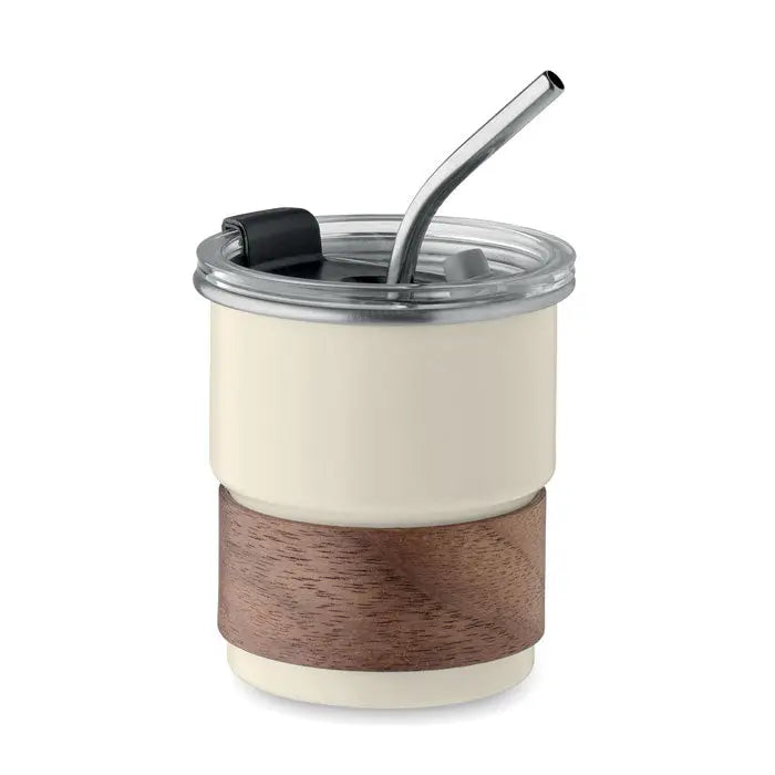 Pahar cu un singur perete 260 ml crem izolator cu bandă de lemn și pai din oțel inoxidabil