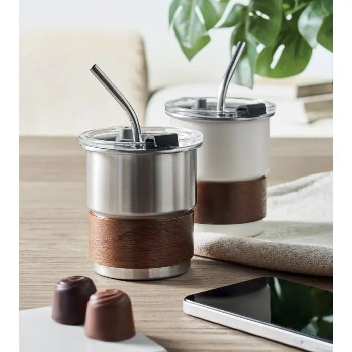 Pahar cu un singur perete de 260 ml din inox si imitatie lemn cu capac transparent si pai negru