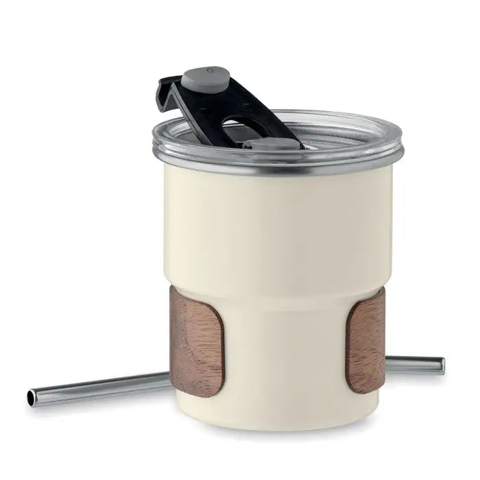 Pahar cu un singur perete 260 ml crem izolat cu panouri din lemn si capac negru cu clapeta