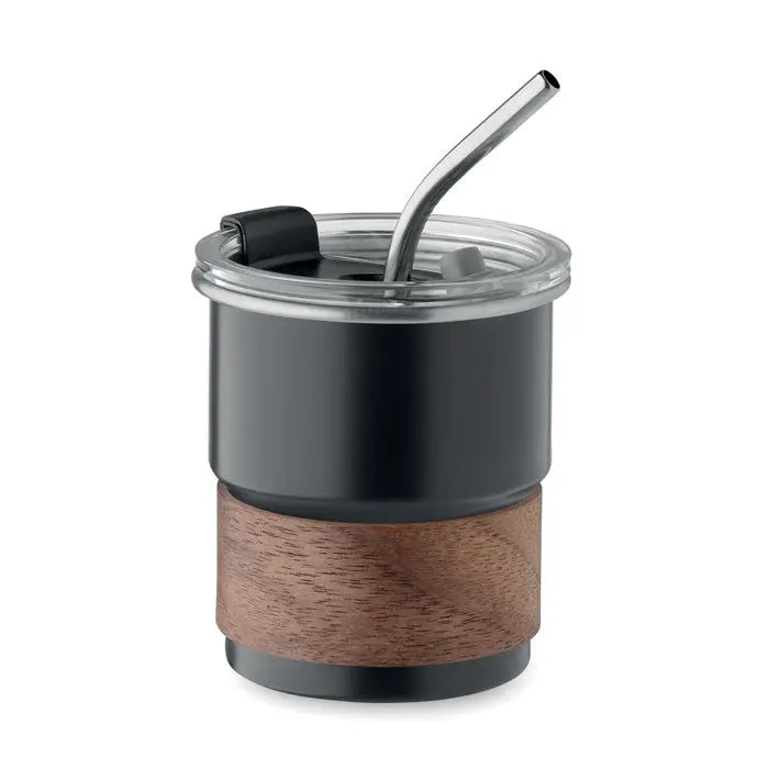 Pahar cu un singur perete 260 ml negru izolat cu prindere din lemn capac transparent si pai inoxidabil