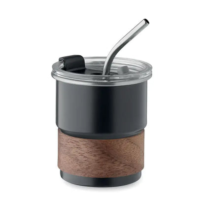 Pahar cu un singur perete 260 ml negru izolat cu prindere din lemn capac transparent si pai inoxidabil