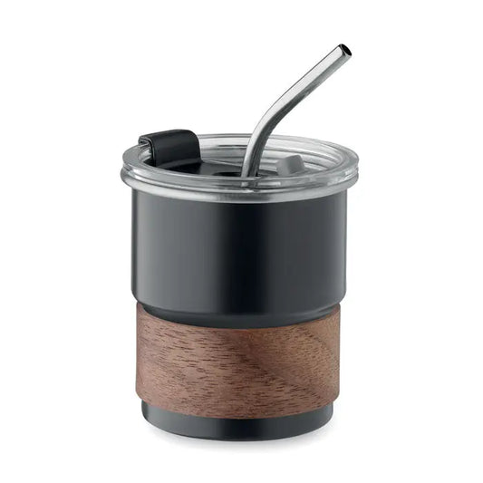 Pahar cu un singur perete 260 ml negru izolat cu prindere din lemn capac transparent si pai inoxidabil