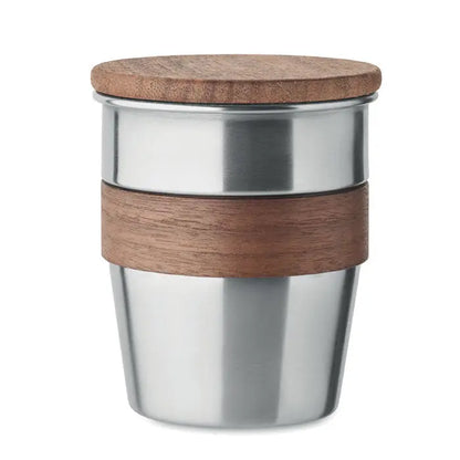 Pahar cu un singur perete 350 ml din otel inoxidabil cu capac si banda grip din lemn natural
