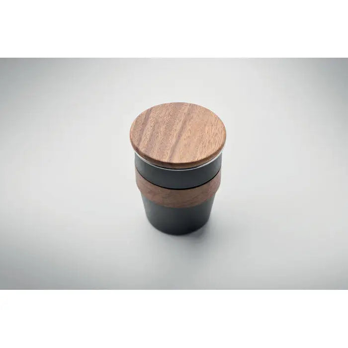 Pahar cu un singur perete negru izolat cu capac din lemn natural și bandă din lemn de 350 ml pentru călătorii