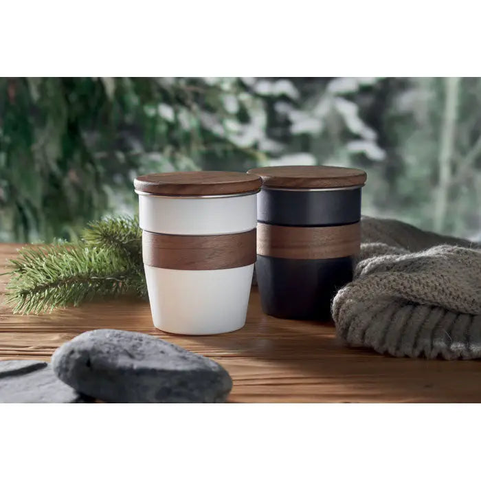 Pahar cu un singur perete 350 ml set de cana de calatorie ceramica alba cu capac si banda din lemn si varianta neagra