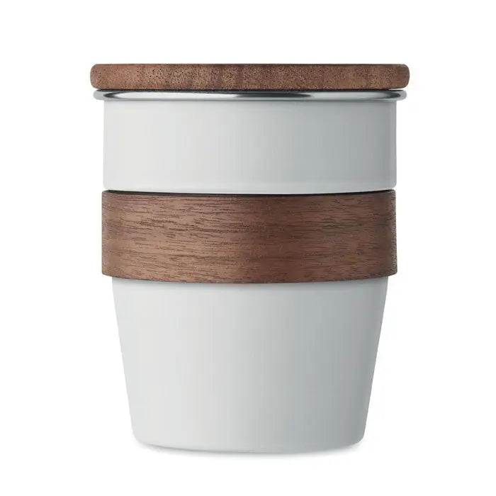 Pahar cu un singur perete de 350 ml din ceramică albă cu capac și bandă din lemn de nuc pentru călătorii