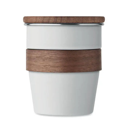 Pahar cu un singur perete de 350 ml din ceramică albă cu capac și bandă din lemn de nuc pentru călătorii