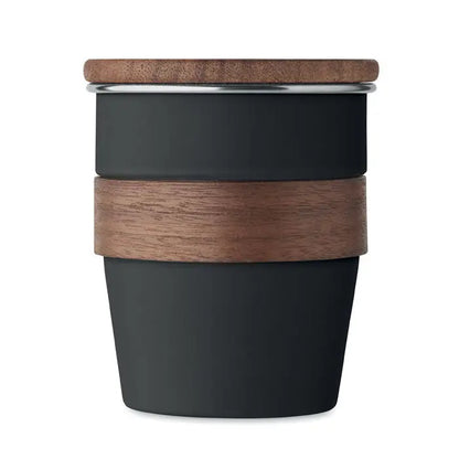 Pahar cu un singur perete 350 ml negru reutilizabil cu capac din lemn si inel metalic argintiu