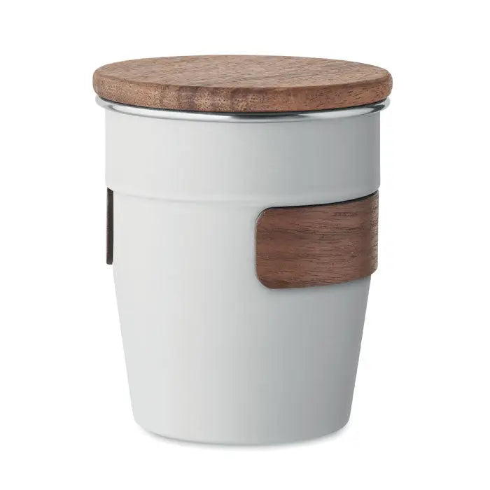 Pahar cu un singur perete 350 ml din ceramică albă cu capac din lemn natural și bandă decorativă din lemn