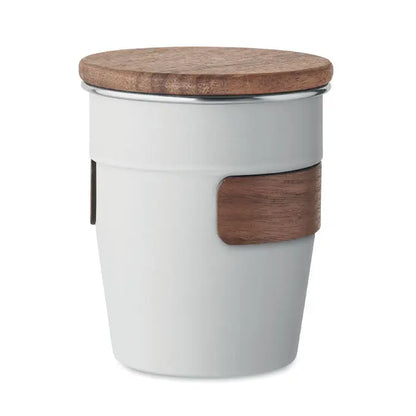 Pahar cu un singur perete 350 ml din ceramică albă cu capac din lemn natural și bandă decorativă din lemn