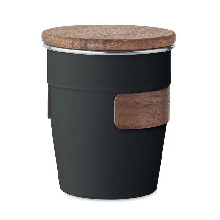 Pahar cu un singur perete 350 ml negru, cu capac din lemn, banda decorativa de lemn si margine metalica eleganta