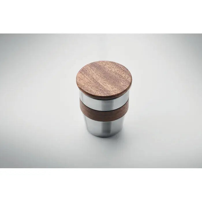 Pahar cu un singur perete 350 ml din inox cu capac si inel de lemn maro cald, ideal pentru calatorii
