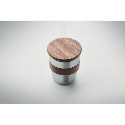 Pahar cu un singur perete 350 ml din inox cu capac si inel de lemn maro cald, ideal pentru calatorii
