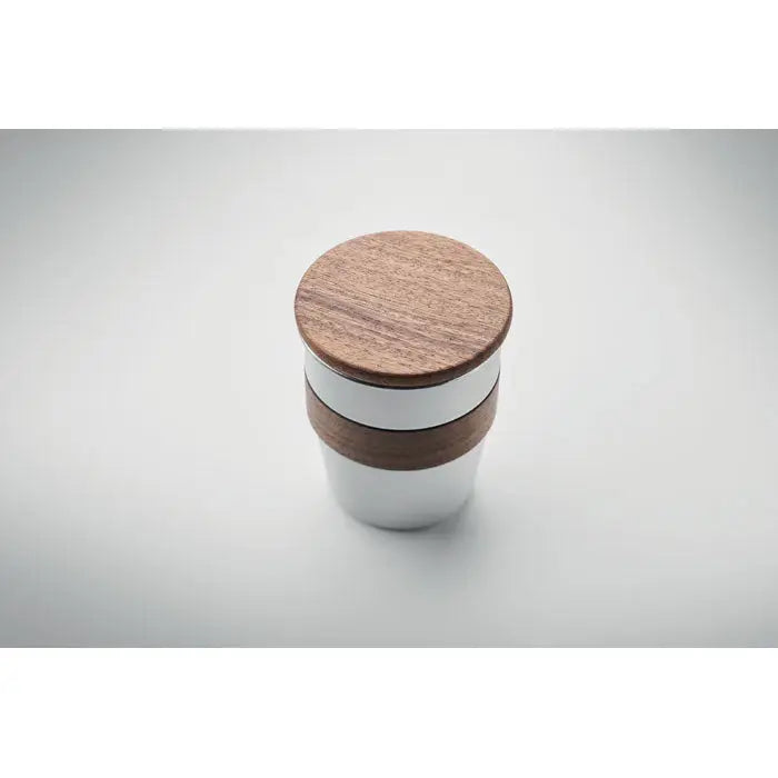 Pahar cu un singur perete 350 ml alb, ceramic, cu capac de lemn natural si bandaj din lemn pentru calatorii