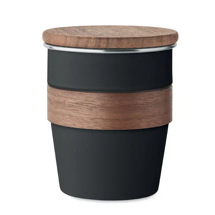 Pahar cu un singur perete de 350 ml negru reutilizabil cu capac din lemn si bandă din nuc cu inel metalic argintiu
