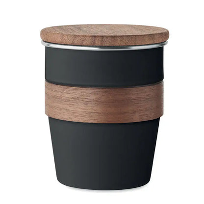 Pahar cu un singur perete de 350 ml negru reutilizabil cu capac din lemn si bandă din nuc cu inel metalic argintiu