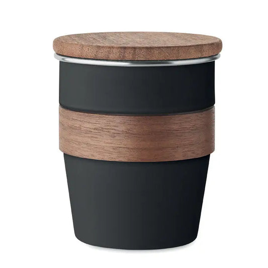 Pahar cu un singur perete de 350 ml negru reutilizabil cu capac din lemn si bandă din nuc cu inel metalic argintiu