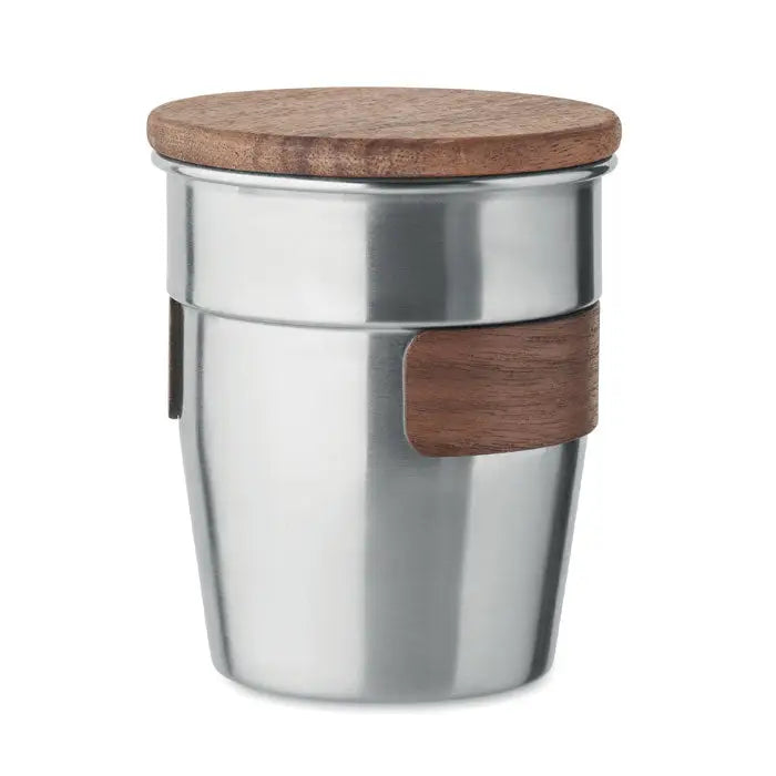 Pahar cu un singur perete 350 ml din otel inoxidabil cu capac si maner din lemn natural