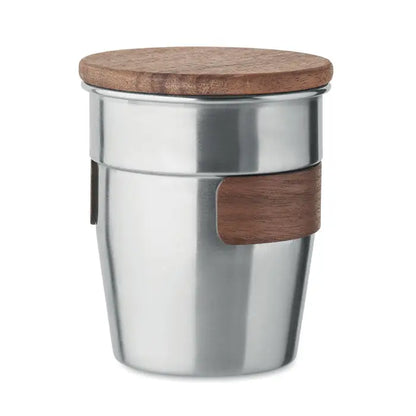 Pahar cu un singur perete 350 ml din otel inoxidabil cu capac si maner din lemn natural