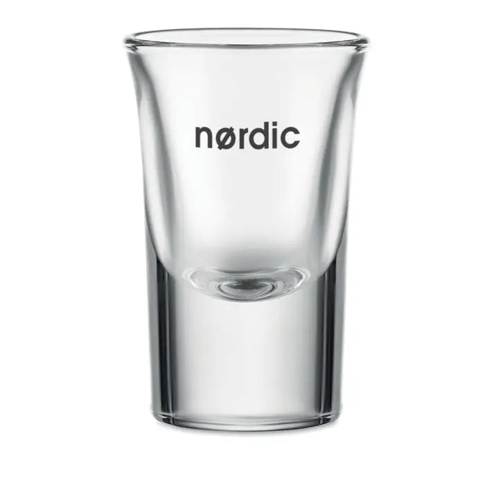 Pahar de shot 28 ml din sticla transparenta cu design modern si cuvantul nordic imprimat pe lateral