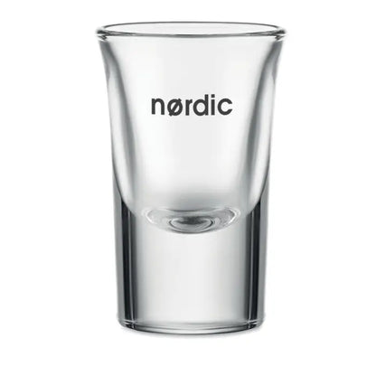Pahar de shot 28 ml din sticla transparenta cu design modern si cuvantul nordic imprimat pe lateral